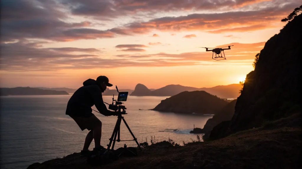 Silhouette of an operator surveying the Indonesian coastline at sunset