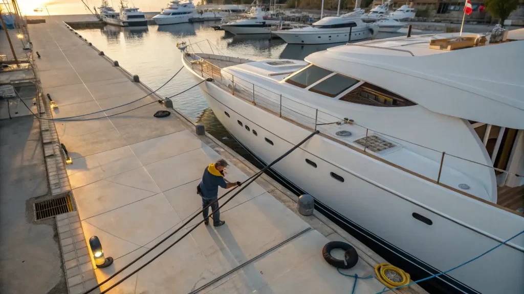 Multiple yachts docked at an Indonesian marina with crew servicing a vessel at sunrise