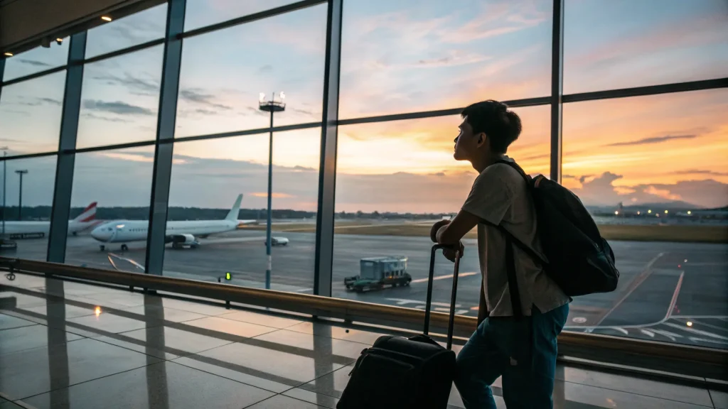 Traveler with luggage looking out at the tarmac during arrival in Indonesia at sunset