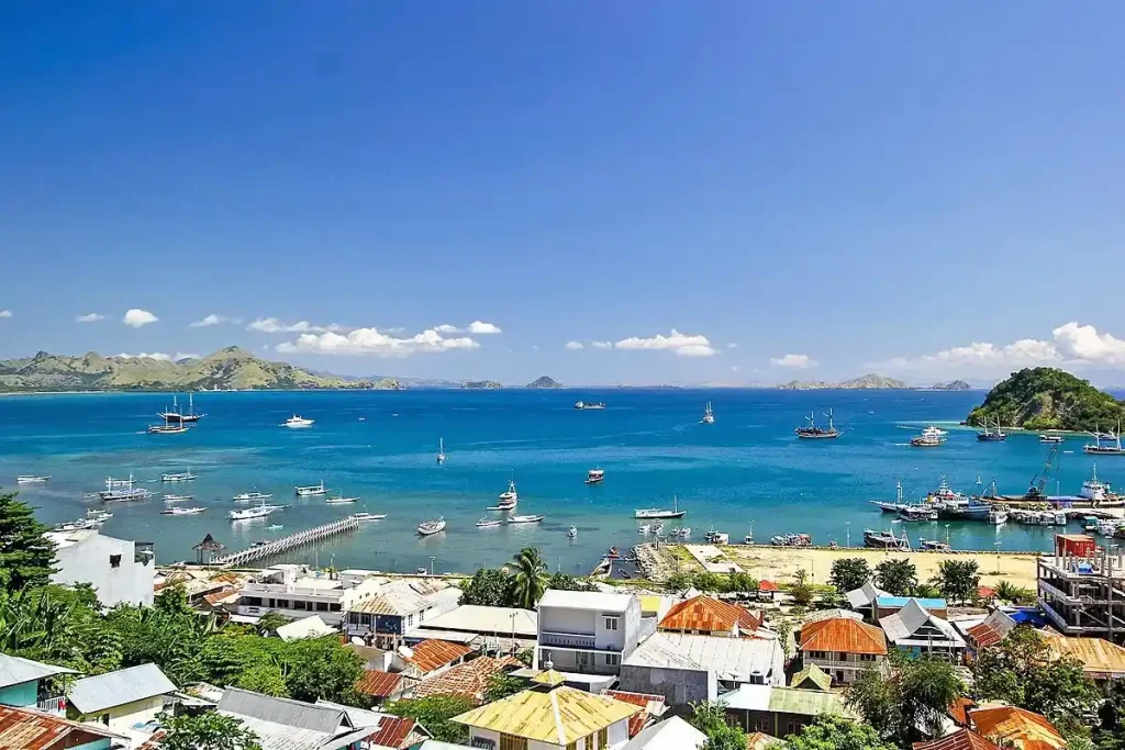 Aerial view of a busy Indonesian marina harbour town with boats moored along the waterfront