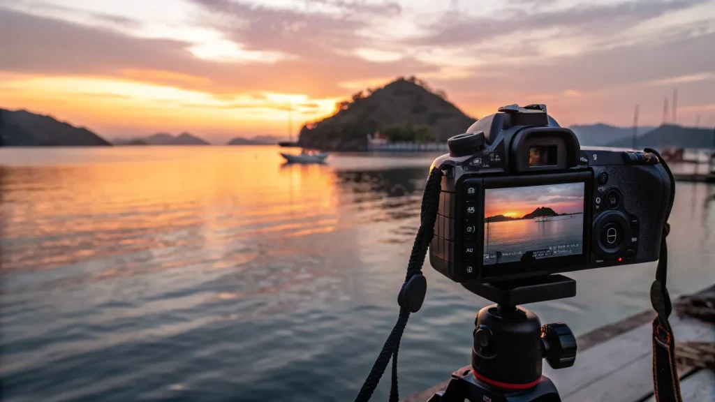 Camera on a tripod filming a marina at sunrise during a commercial video production