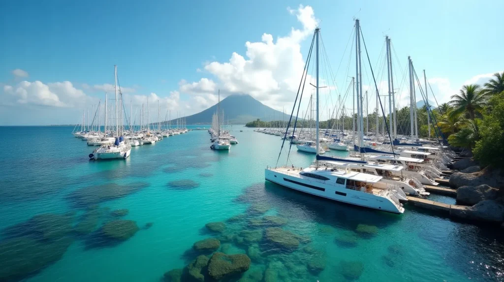 Panoramic view of a full Bali marina with sailing yachts and catamarans and a superyacht berthed on the outer pier