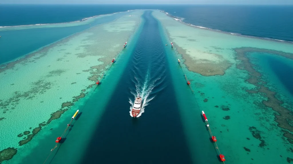 Aerial view of the dredged Benoa ship channel through turquoise reef flats with a yacht following the buoyed fairway into the harbour