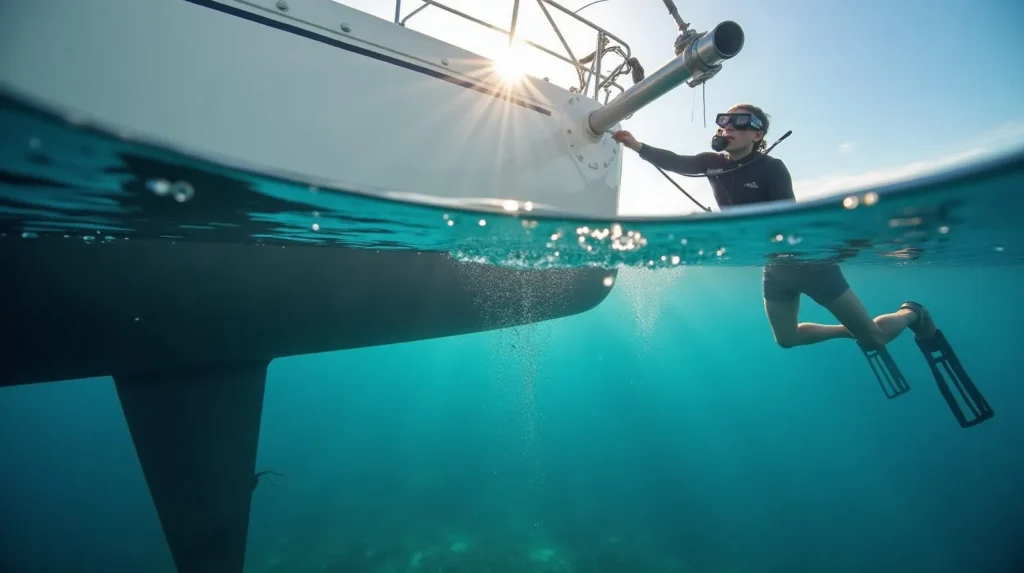 Diver cleaning the hull of a sailing yacht below the waterline in clear turquoise Bali water before marina arrival