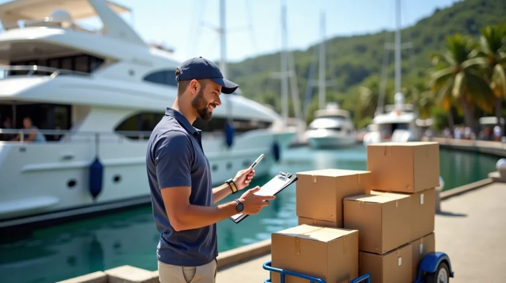 Crew member and driver checking sealed provision cartons and paperwork on a Bali marina dock beside a moored yacht