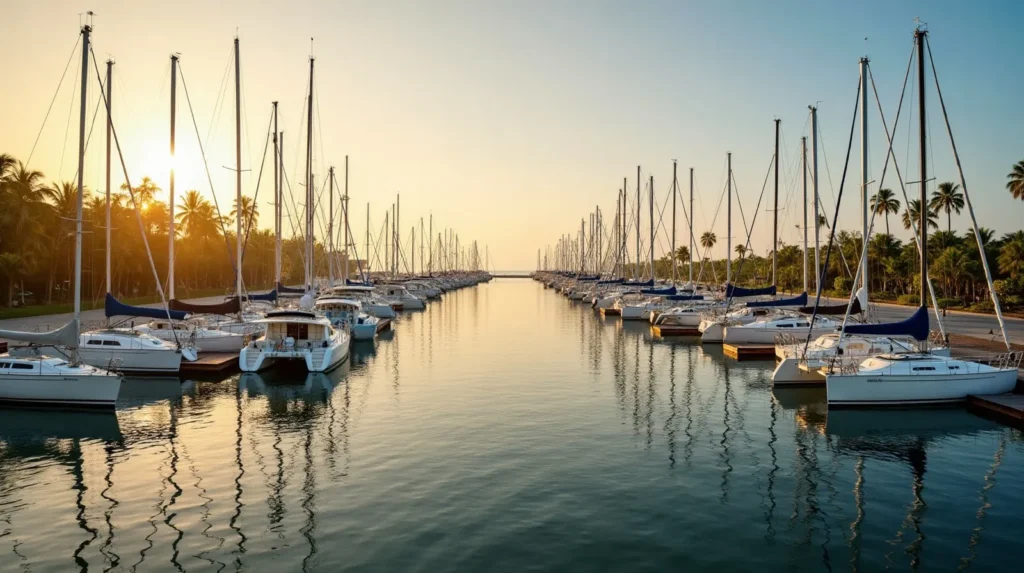 Yachts and catamarans filling pontoon berths at a Bali marina in the dry season with one empty berth ready for an arriving boat