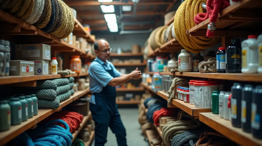 Interior of a working Indonesian marine supply shop with rope, filters, oils and boat hardware as an engineer selects parts