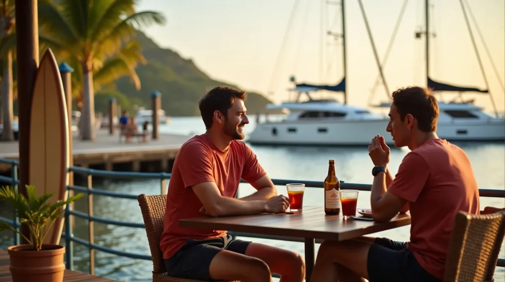 Yacht crew relaxing at a waterfront cafe overlooking a Bali marina with a surfboard against the railing and moored yachts behind