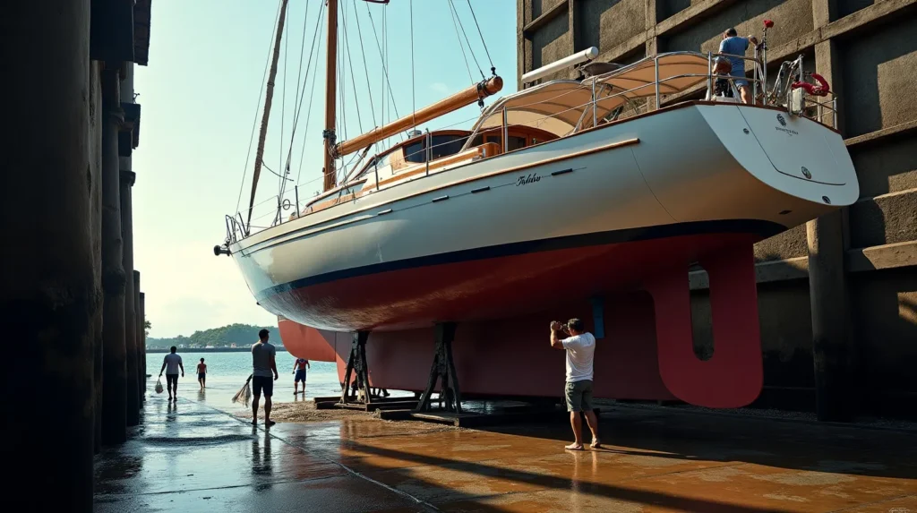 Cruising yacht being hauled out of the water on a slipway cradle at a Bali boatyard with workers guiding the hull