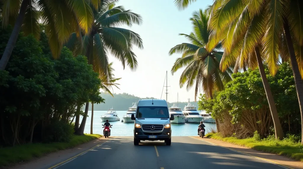 Causeway road onto Serangan Island Bali with a delivery van driving toward the marina waterfront past mangroves