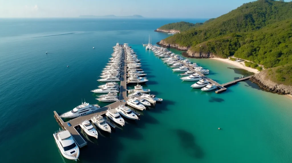 Aerial view of yachts and catamarans on long-stay berths along marina pontoons on the Bali coast in turquoise water