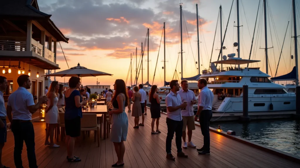 Yacht owners gathered with drinks under festoon lights on a Bali marina waterfront deck at sunset with masts behind