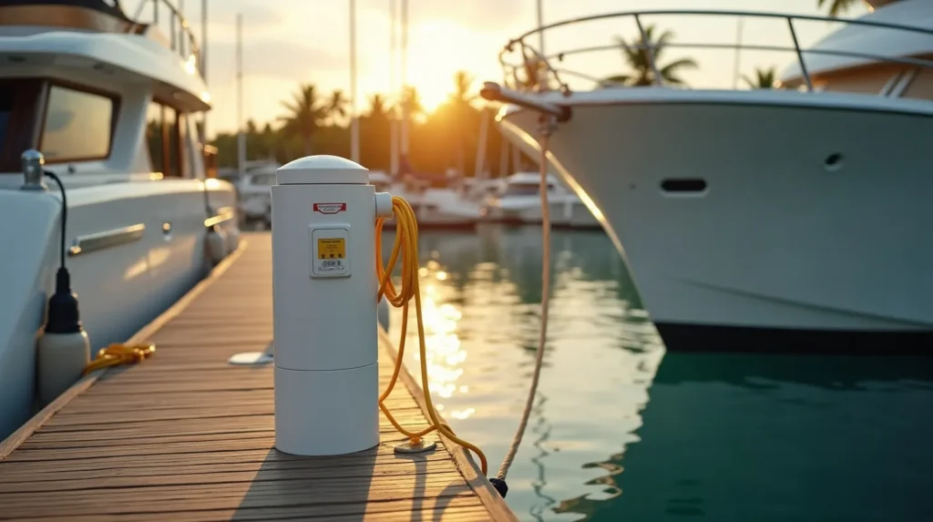Shore power pedestal on a Bali marina pontoon with yellow electrical cable and water hose connected beside a yacht