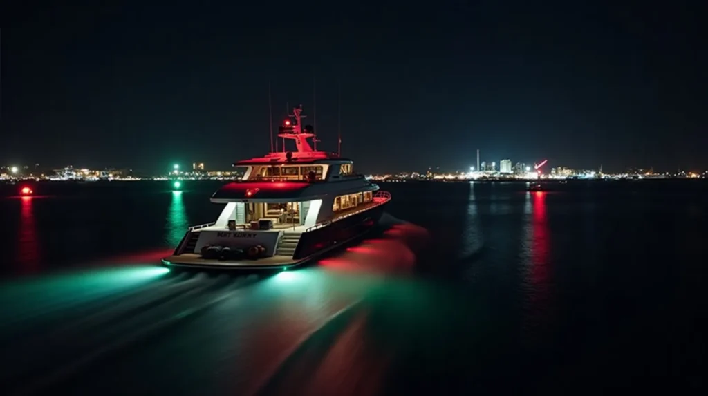 Yacht entering Benoa harbour at night following red and green lit channel buoys with port lights reflecting on dark water