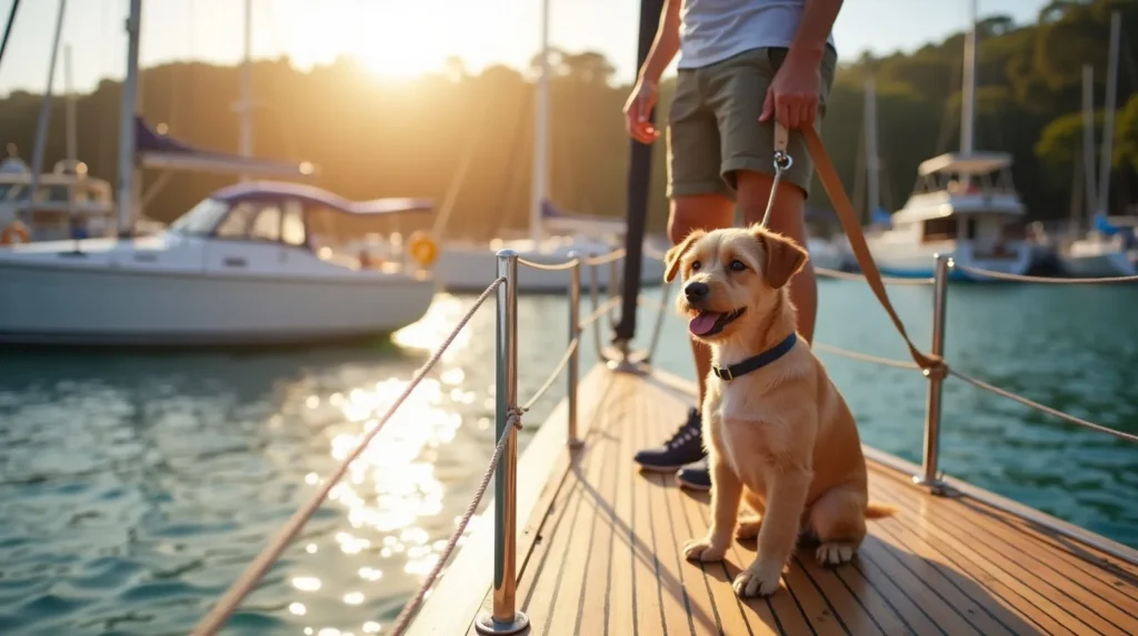 Small leashed dog sitting on the teak aft deck of a yacht berthed at a Bali marina with pontoons behind