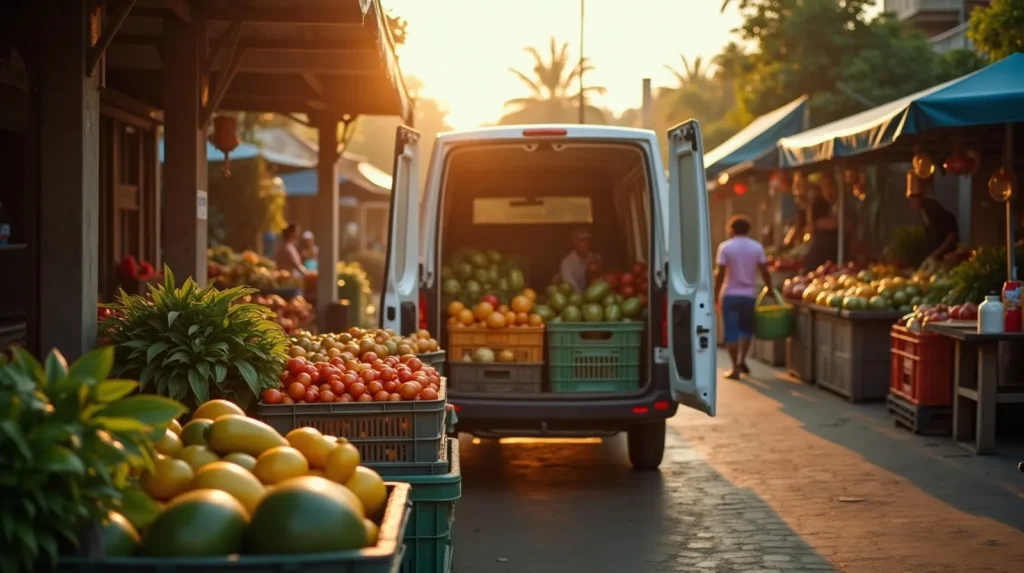 Crates of fresh tropical produce being loaded into a refrigerated van at a Denpasar market at dawn for yacht provisioning