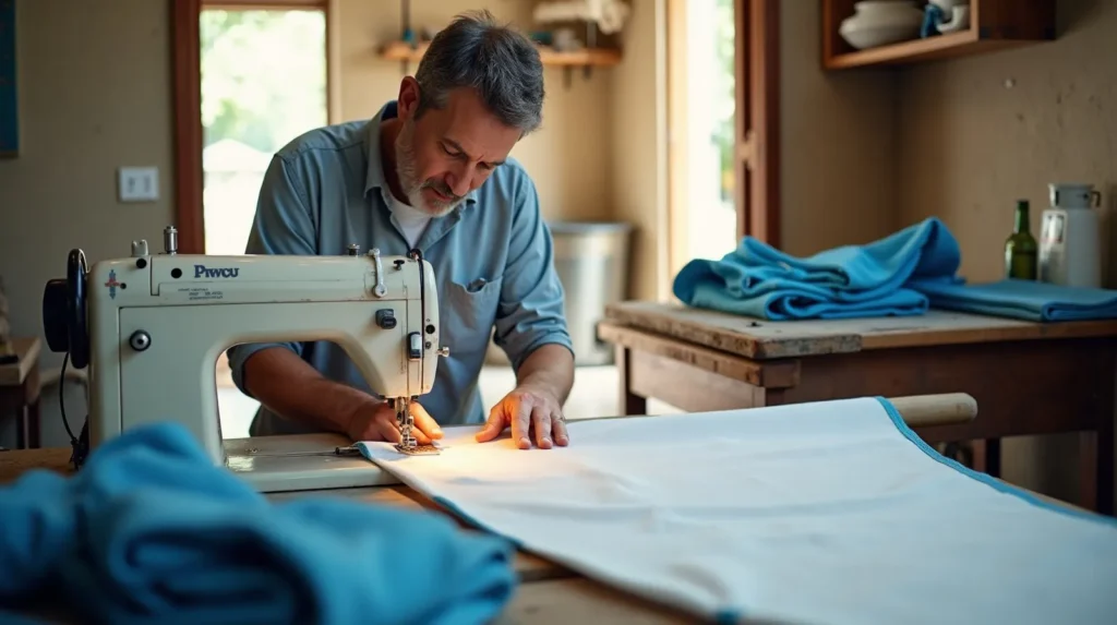 Sailmaker re-stitching a white yacht sail on an industrial sewing machine in a Bali workshop with canvas covers on the bench