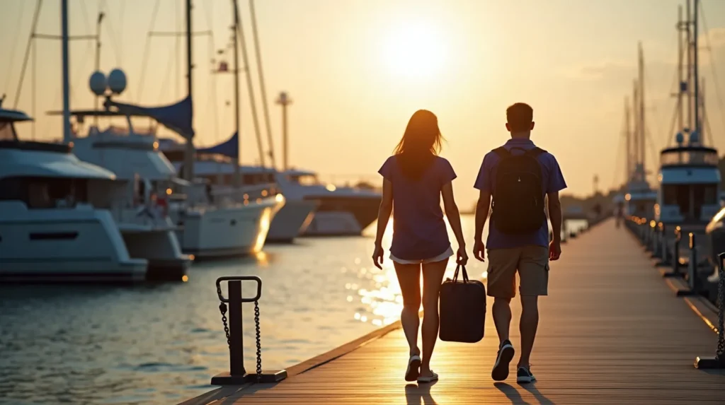 Two yacht crew with backpacks and passports walking along a Bali marina pontoon toward an airport transfer at dawn