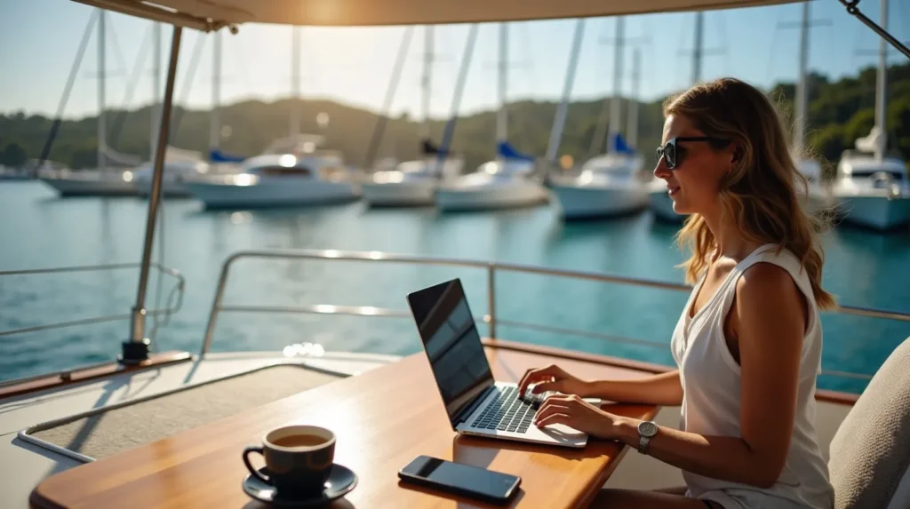 Remote worker on a laptop at a shaded cockpit table aboard a yacht berthed in a Bali marina with moored boats behind