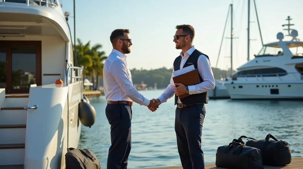 Two yacht crews shaking hands on a Bali marina dock beside a motor yacht during a delivery handover with documents